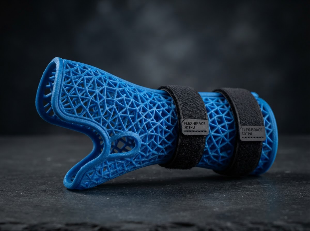 3D printed blue TPU flexible wrist brace with lattice structure