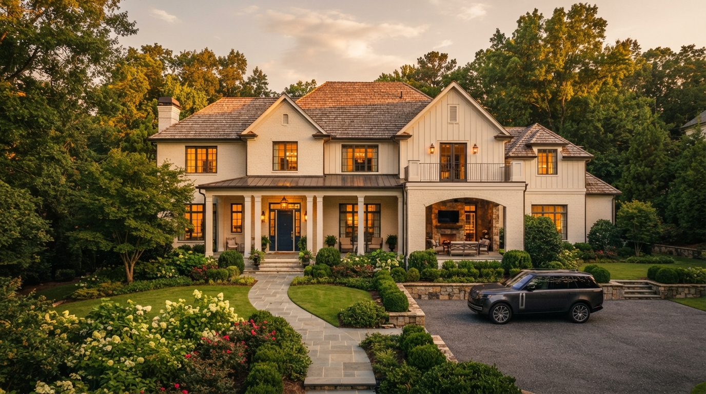 Beautifully renovated Georgia home exterior at golden hour