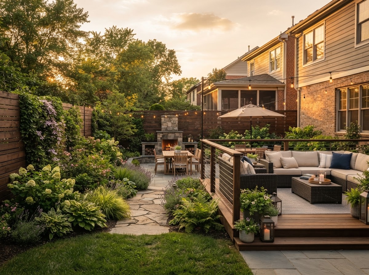 Backyard with privacy fence, patio, deck, and outdoor seating