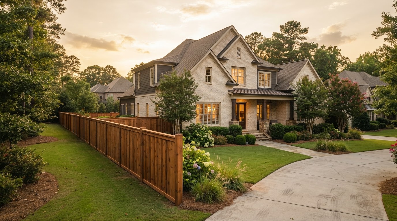 Upscale Georgia home with a professionally installed cedar privacy fence by THE GOAT EXTERIOR