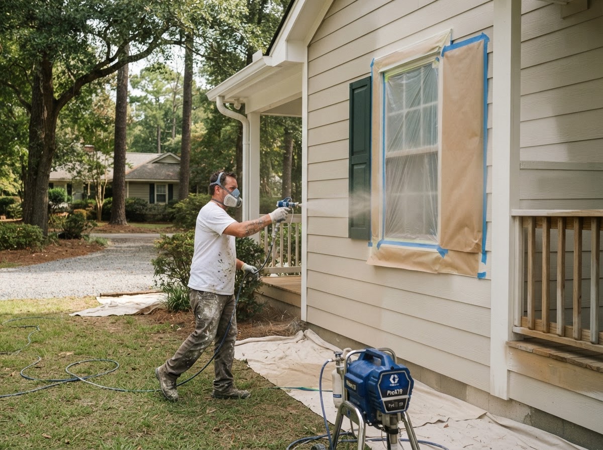 Professional applying paint with spray equipment