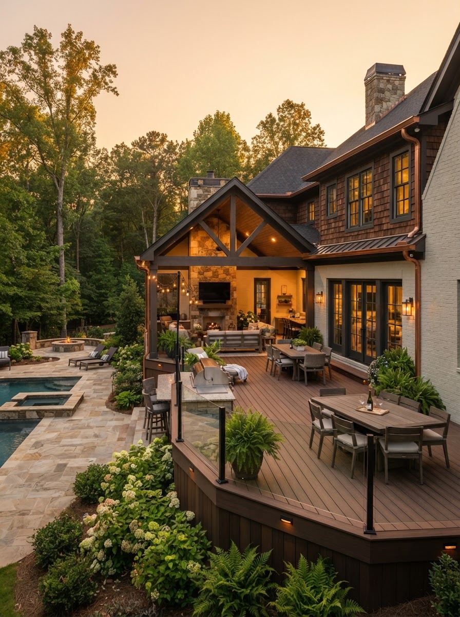 A finished luxury home with a composite deck and outdoor living area