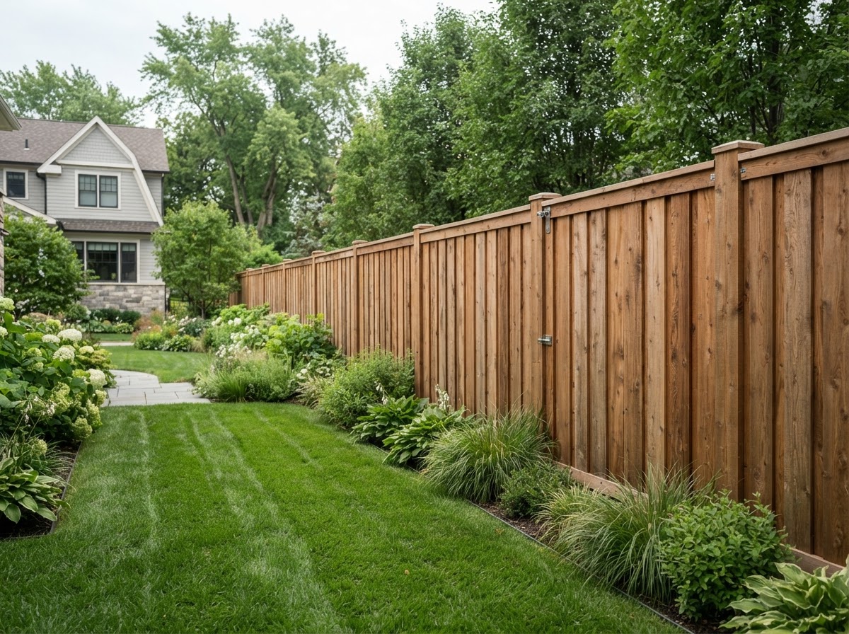 Cedar board-on-board privacy fence integrated into a manicured suburban yard