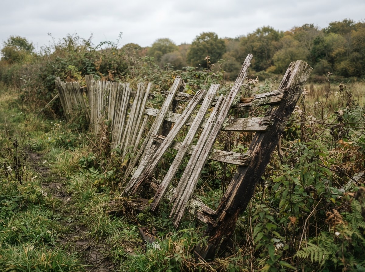 Old leaning weathered wood fence with rotted and broken boards