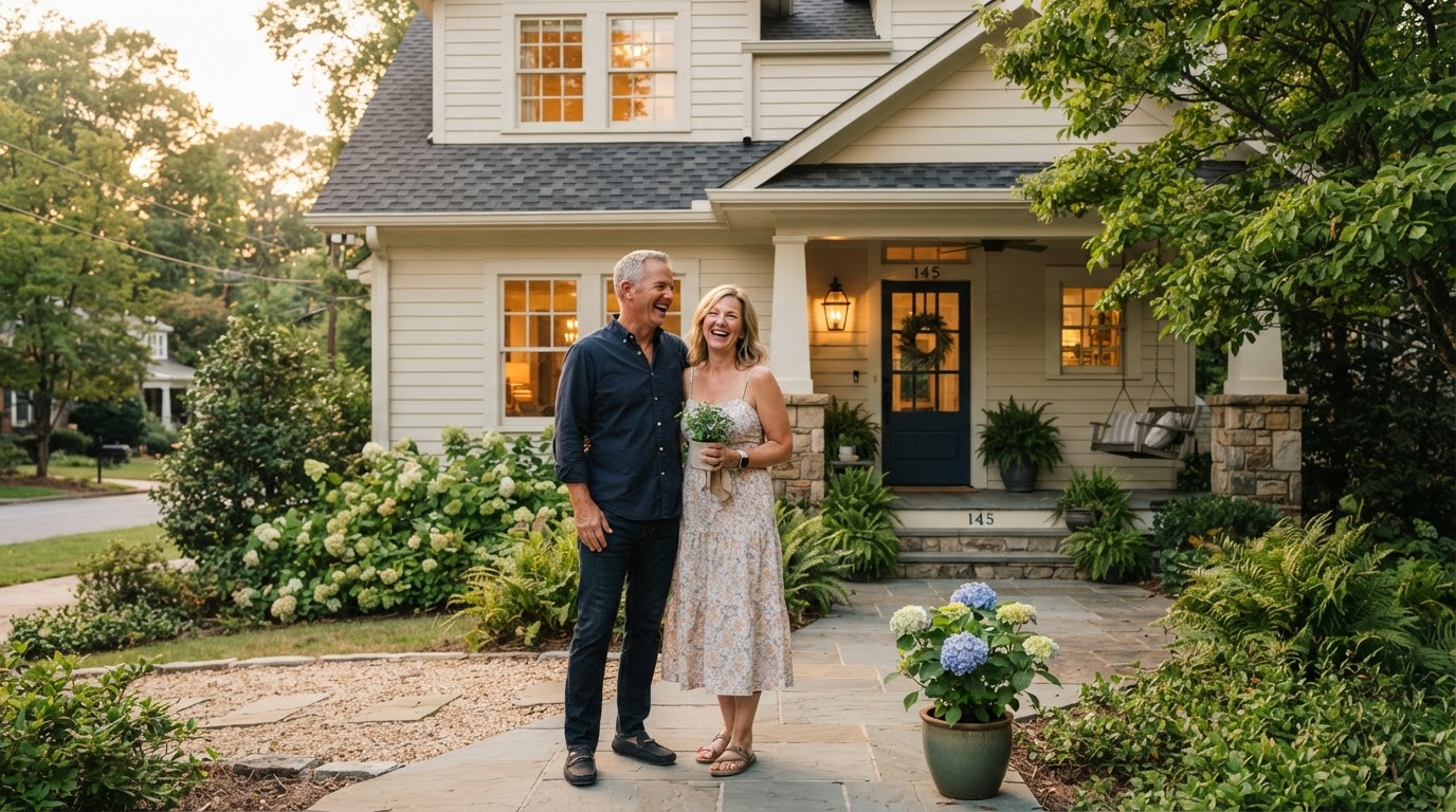 Happy Georgia homeowners in front of their renovated exterior