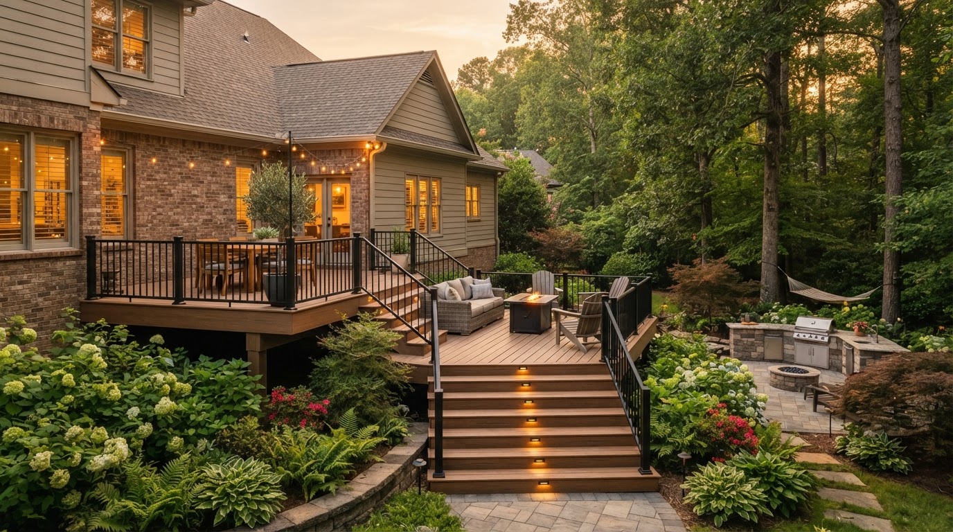 Premium composite deck integrated into a Georgia backyard by THE GOAT EXTERIOR