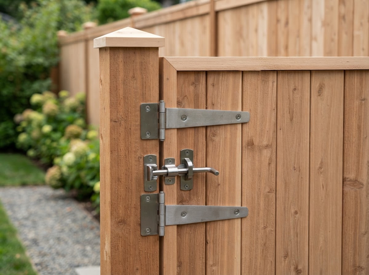 Close-up of gate craftsmanship — aligned posts, hinges, and hardware