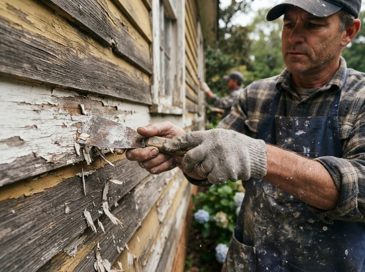 Painter scraping and preparing weathered siding