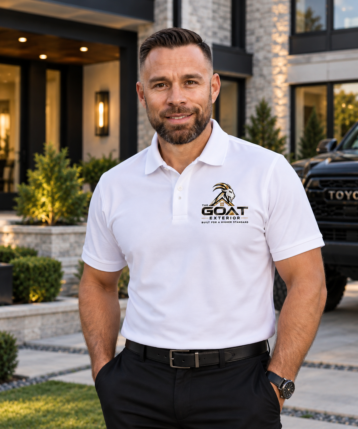 Luiz Dias, owner of THE GOAT EXTERIOR, standing in front of a luxury home