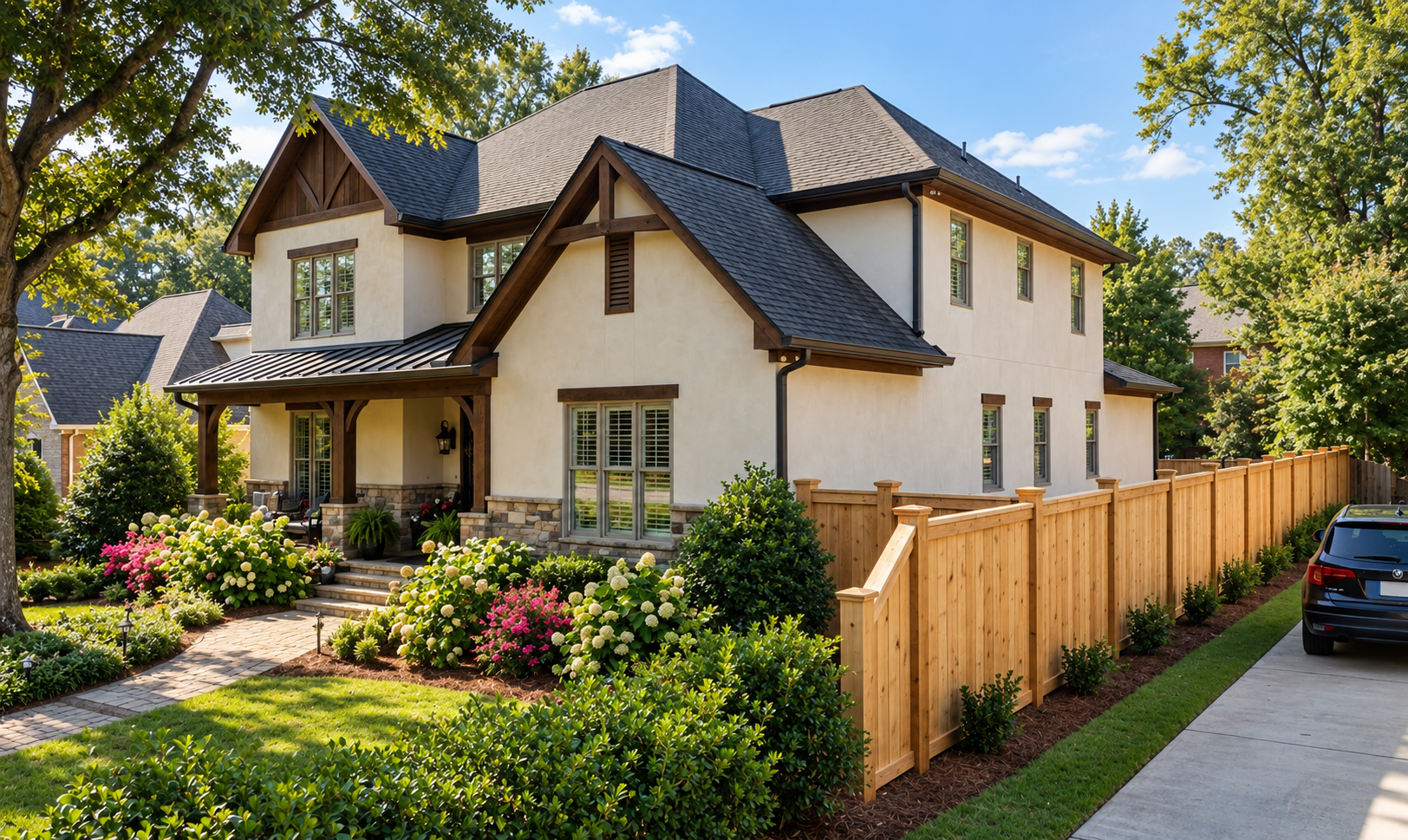 After: same home with a professionally installed cedar privacy fence