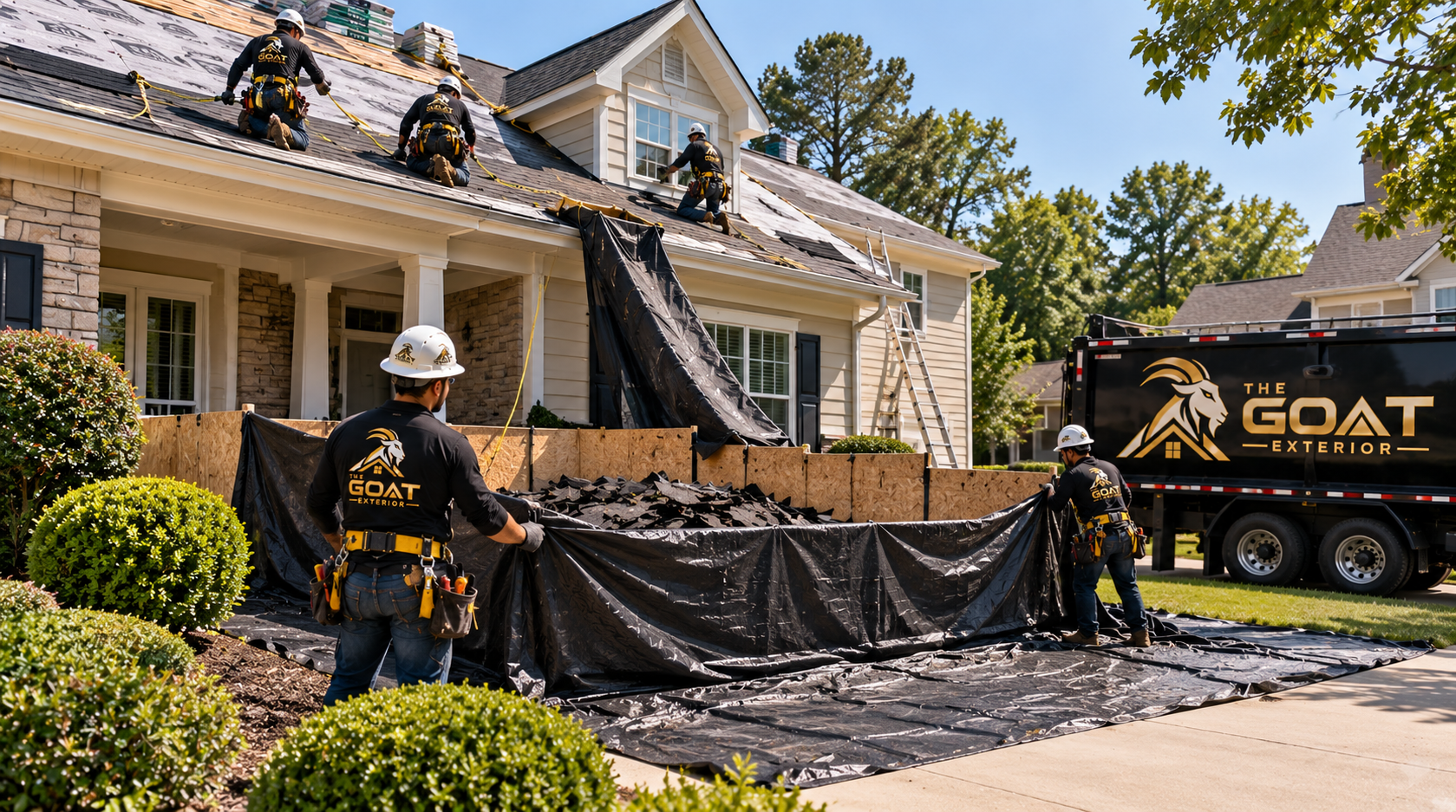 THE GOAT EXTERIOR crew protecting home exterior and landscaping with tarps and plywood shields