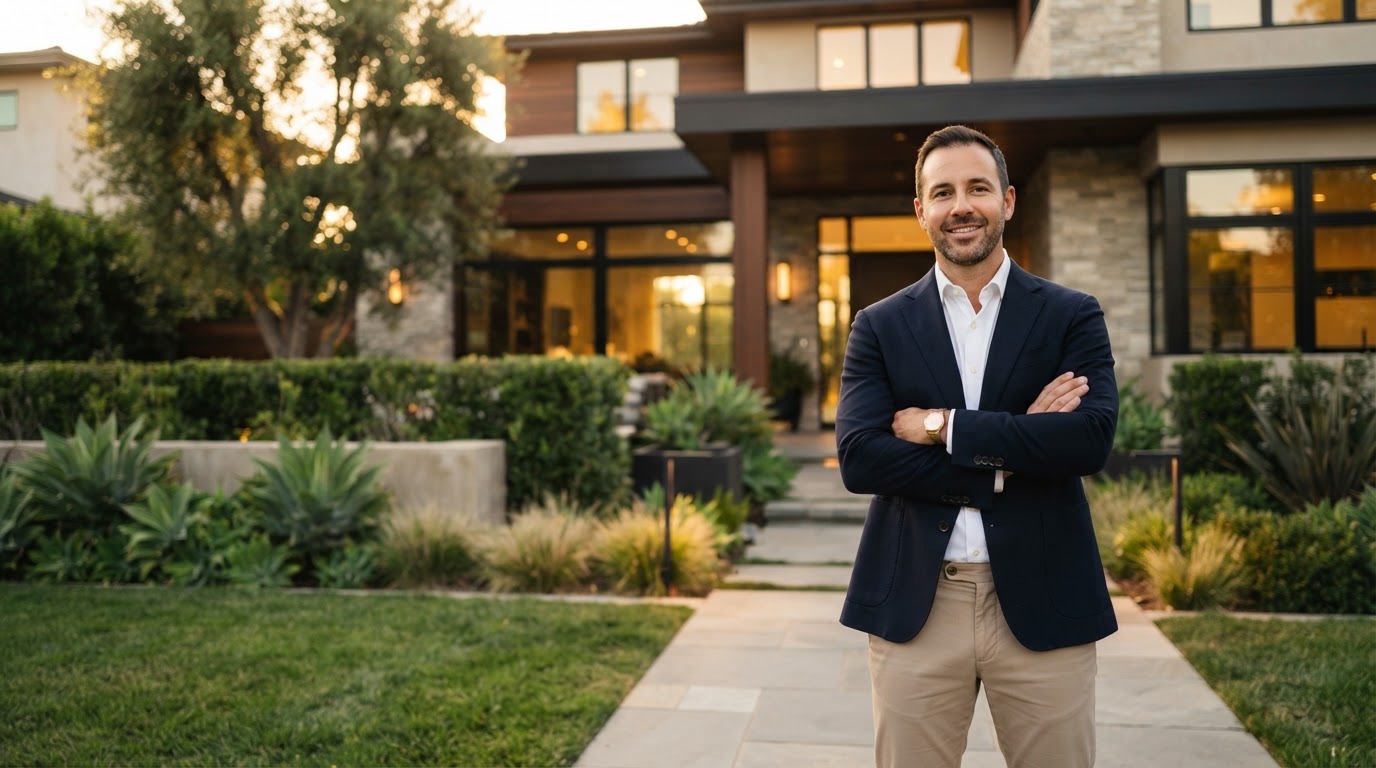 Confident investor standing outside a well-kept rental property