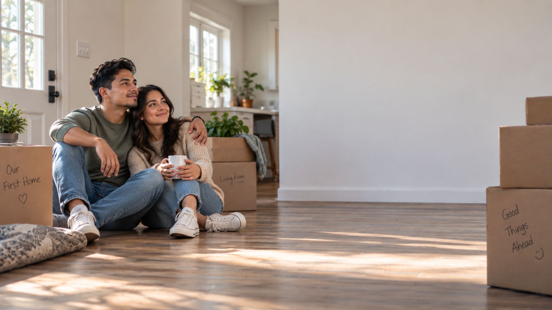 A couple sitting on the floor of their new empty home, surrounded by moving boxes labeled 'Our First Home'