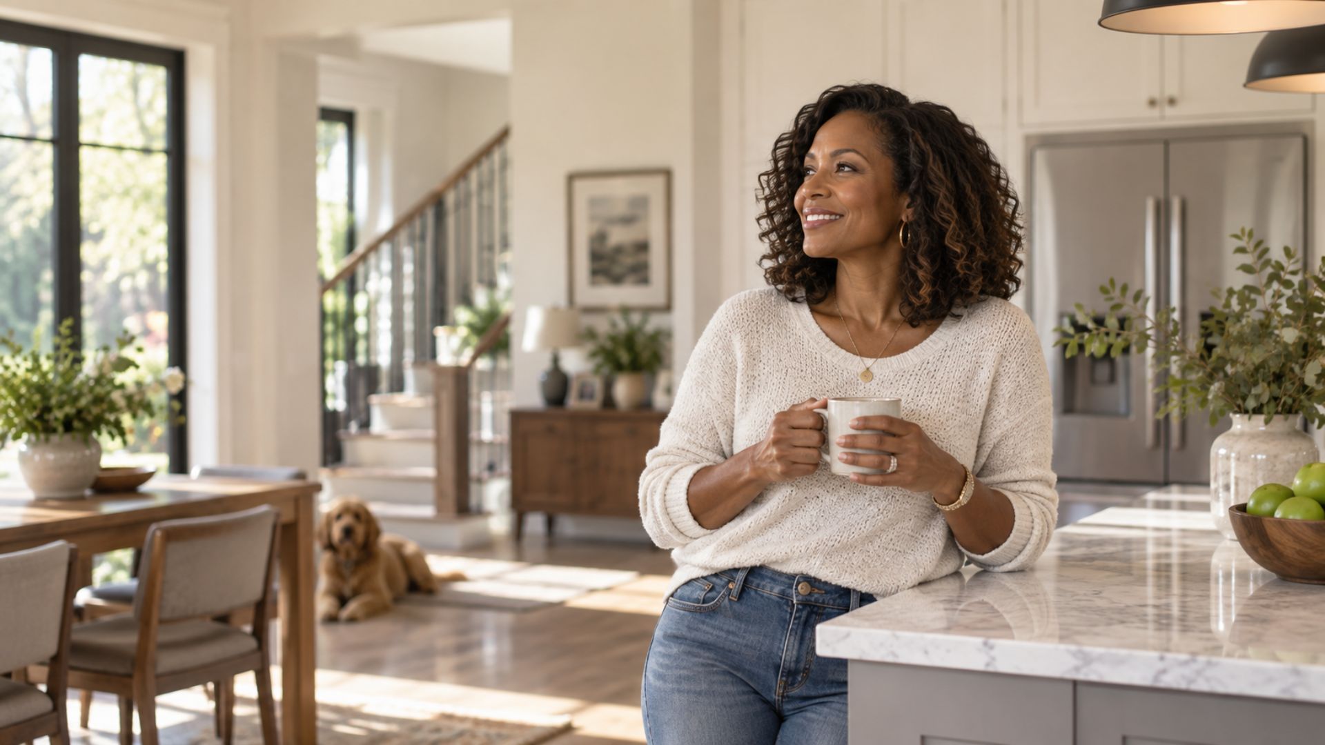 A smiling woman leaning on her kitchen island holding a coffee mug in her modern home