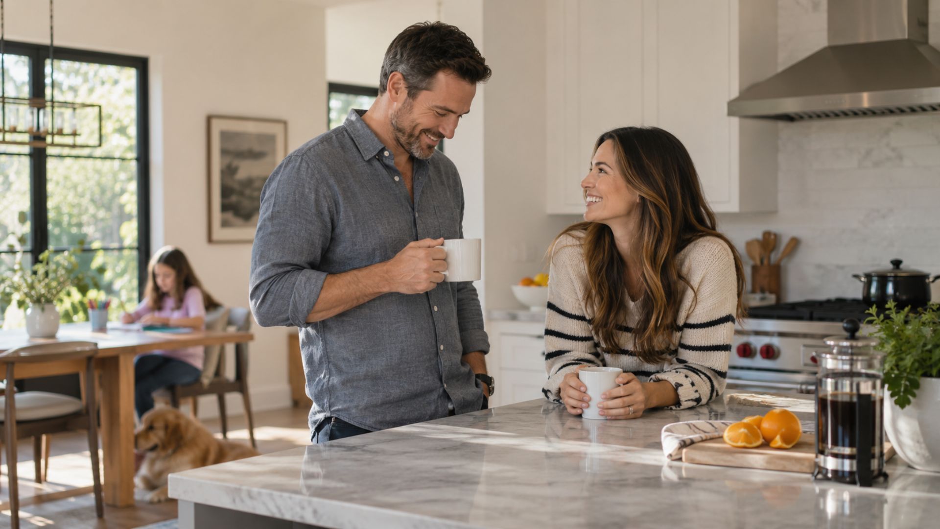 Homeowners smiling together in their kitchen, discussing their home equity options