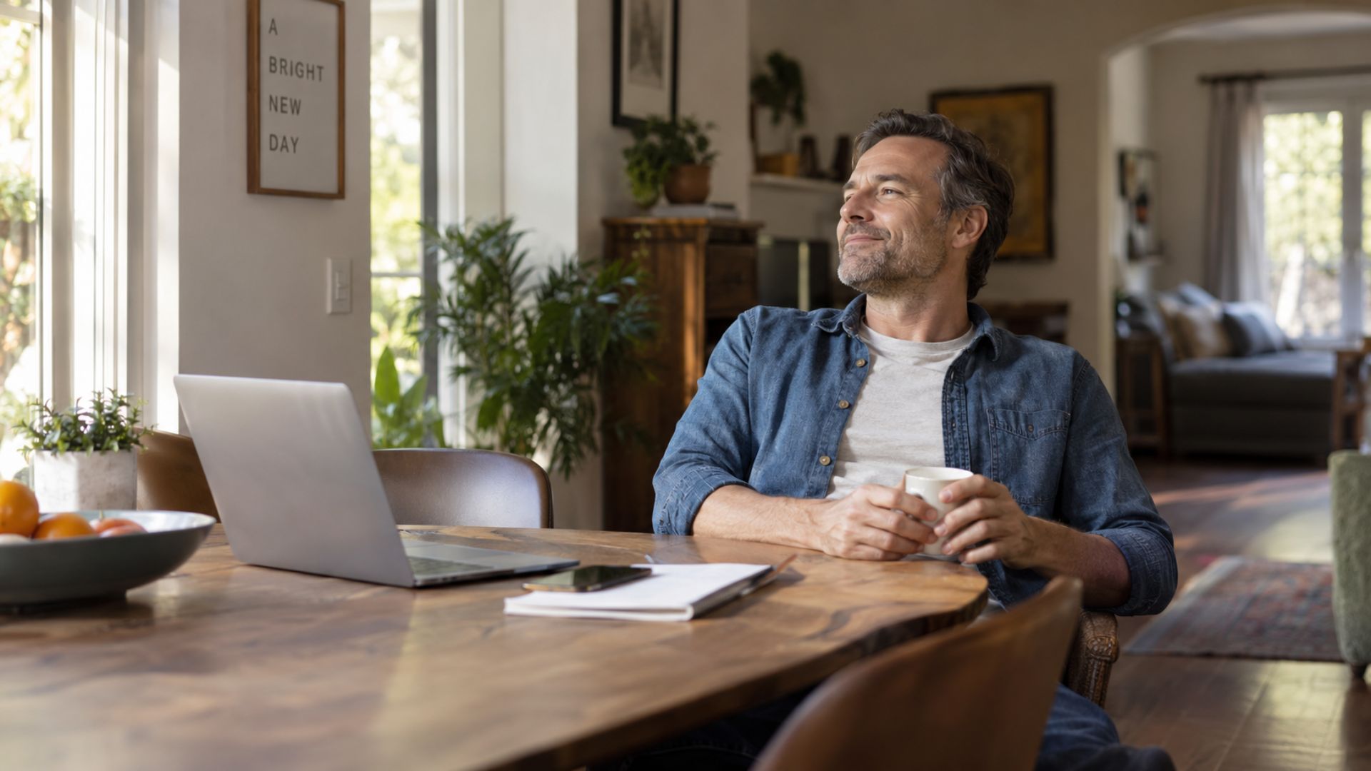 Homeowner relaxing at his kitchen table with a laptop, reviewing his cash-out refinance options