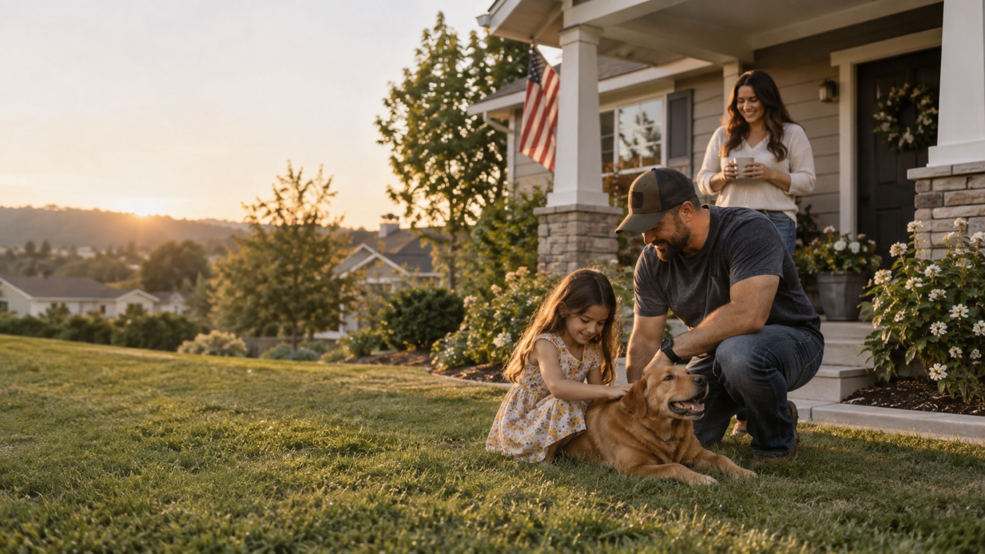 A veteran father playing with his daughter and dog in front of their home with an American flag