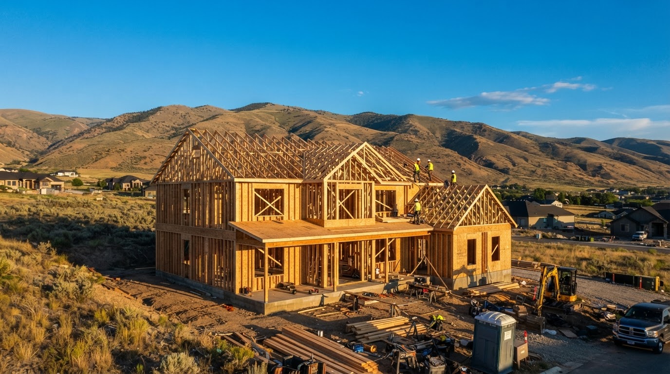 New home wood framing under construction in the Treasure Valley at golden hour