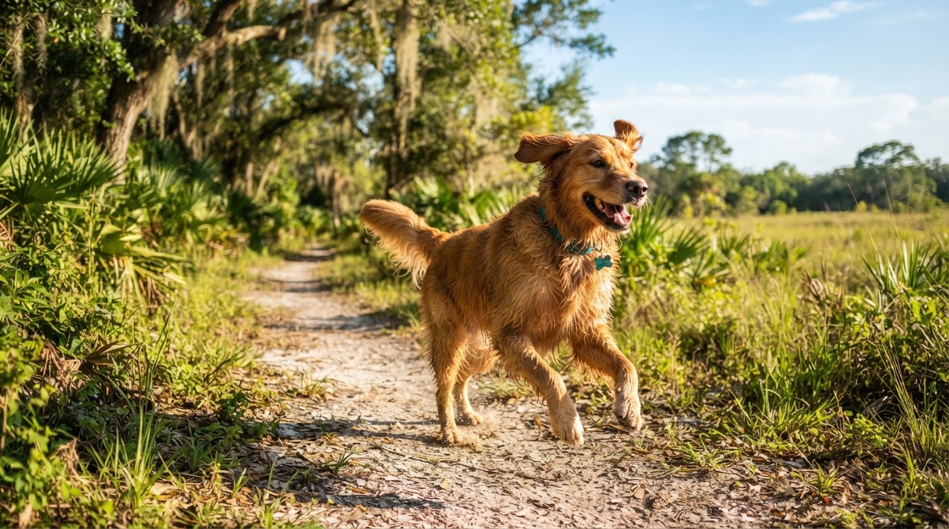 A joyful dog running and playing on a sunny Tampa nature trail