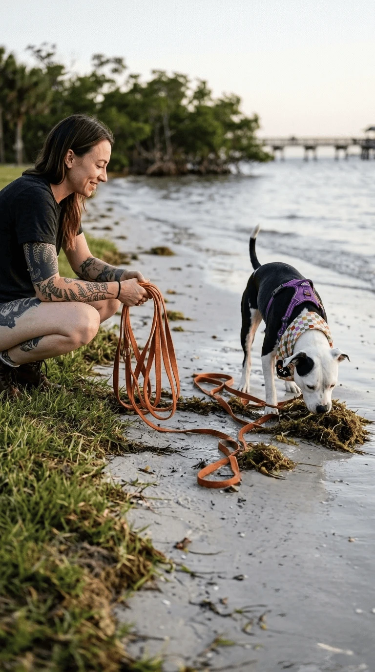 Jenna kneeling on the Tampa bay shoreline with a dog exploring the beach