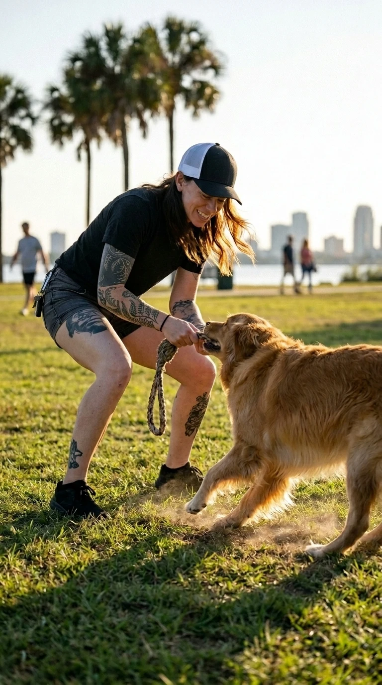 A dog and its person walking through a tree-lined South Tampa neighborhood