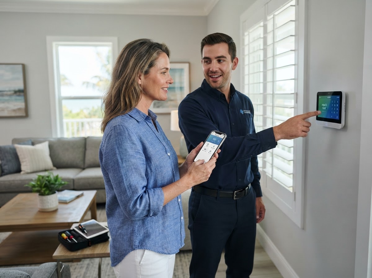 Homeowner receiving a hands-on alarm system demonstration on a smartphone and wall-mounted keypad