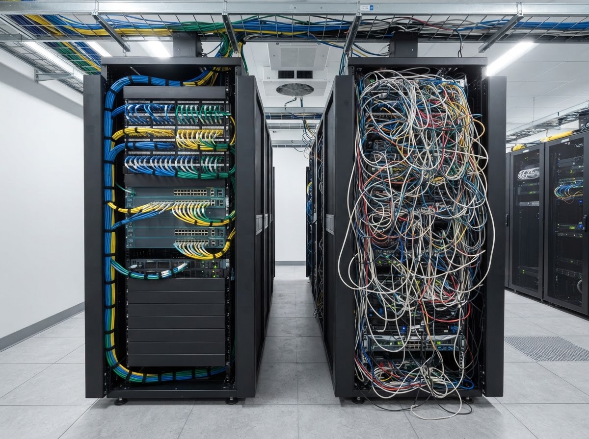 Comparison of an organized labeled structured cabling rack and a tangled point-to-point cable mess in a server room