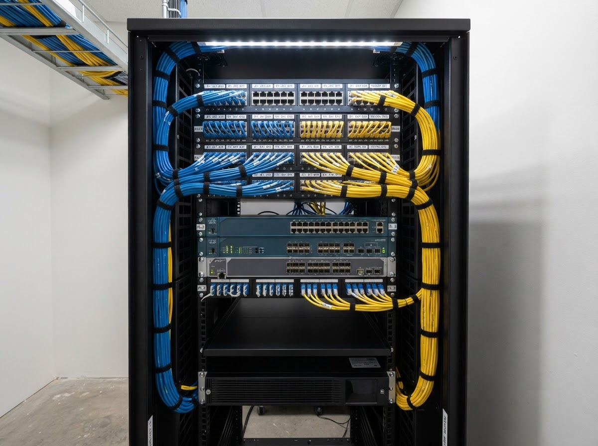 Neatly organized communications cabinet with a patch panel and rows of labeled network cables in a Florida building
