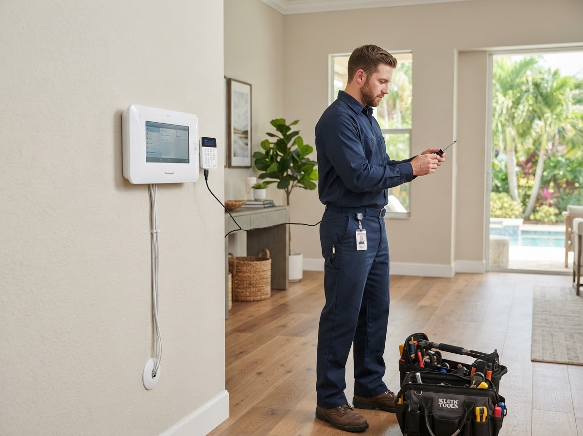 Technician configuring a security alarm control panel and keypad on the wall of a modern Florida home