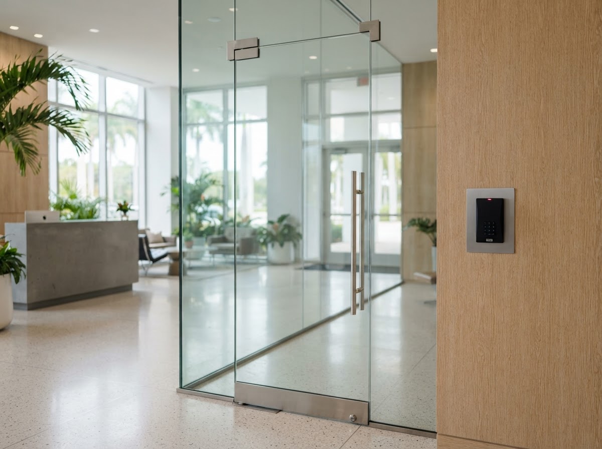 Commercial glass entry door with a professionally installed access control card reader in a Florida office