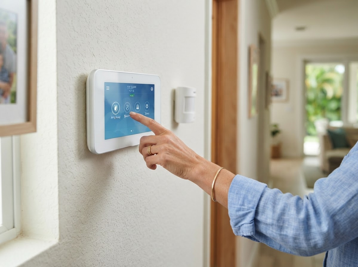 Hand operating a touchscreen alarm control keypad next to a wall-mounted motion detector
