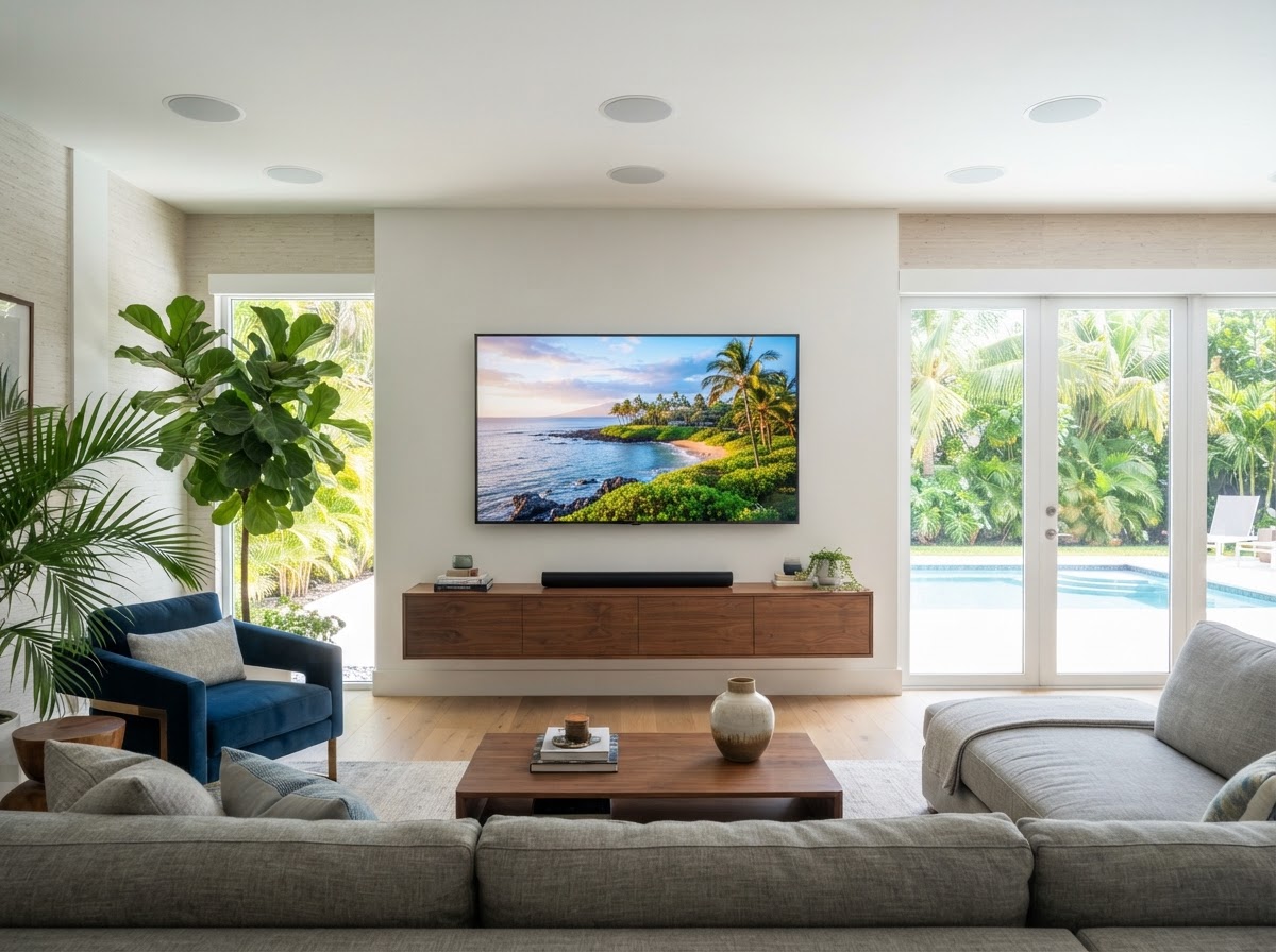Professional installation of architectural in-ceiling speakers and a wall-mounted display in a modern Florida living room