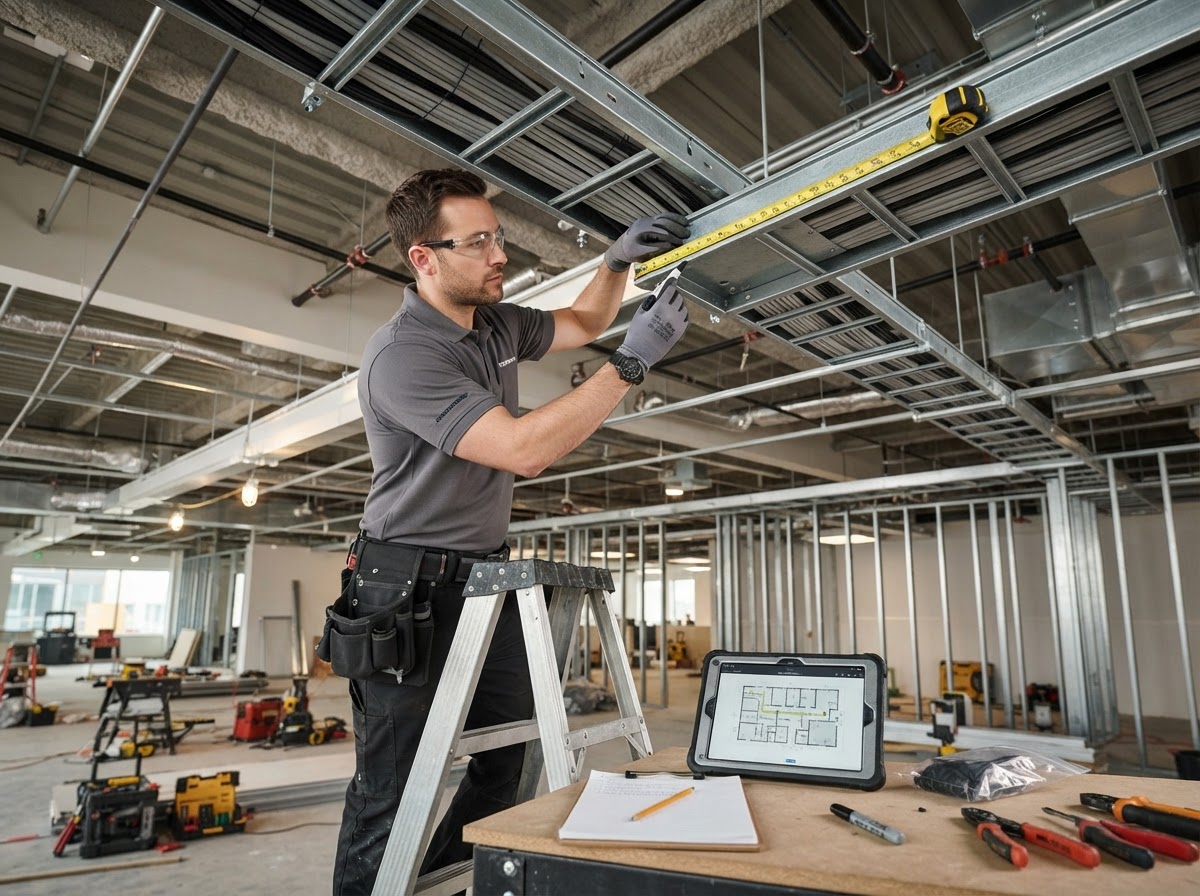 Technician measuring and planning cable routing pathways along a ceiling tray in a commercial building