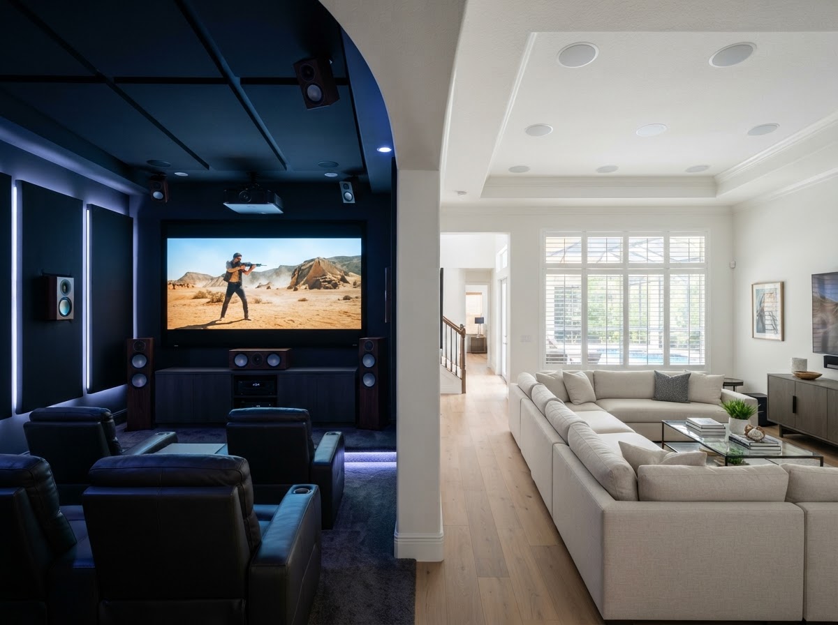 Comparison of a dedicated home theater with surround speakers and discreet in-ceiling multi-room audio in a Florida home