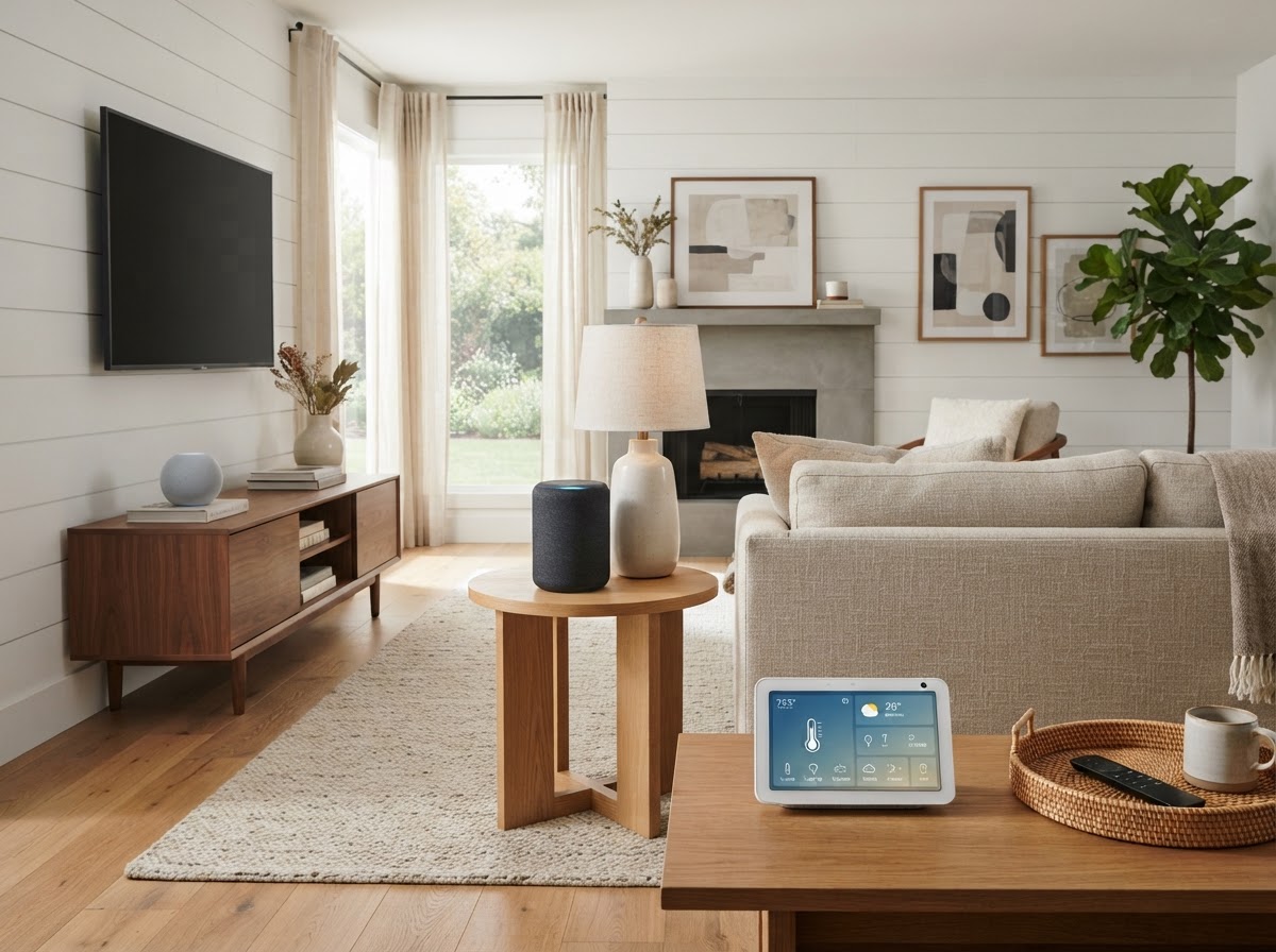 Two smart-home voice assistant speakers and a smart-home hub on side tables in a modern living room, no visible logos