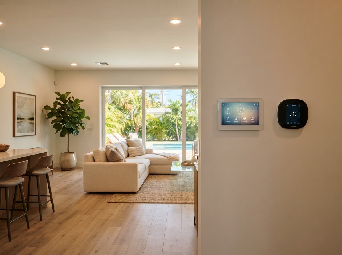 Modern Florida home interior with integrated smart lighting, a smart thermostat, and a wall touch panel