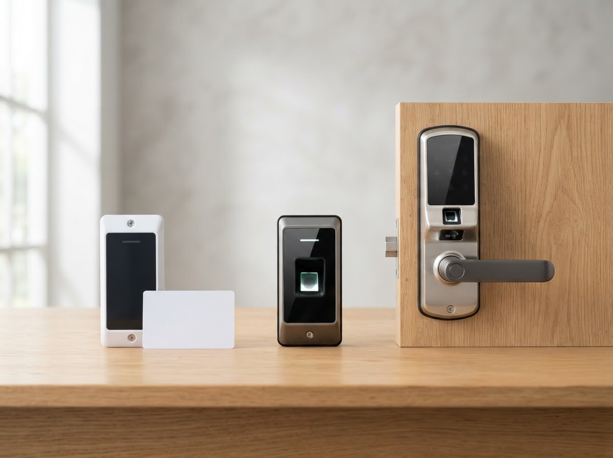 RFID keycard with reader, a biometric fingerprint scanner, and a smart door lock with keypad on a clean surface