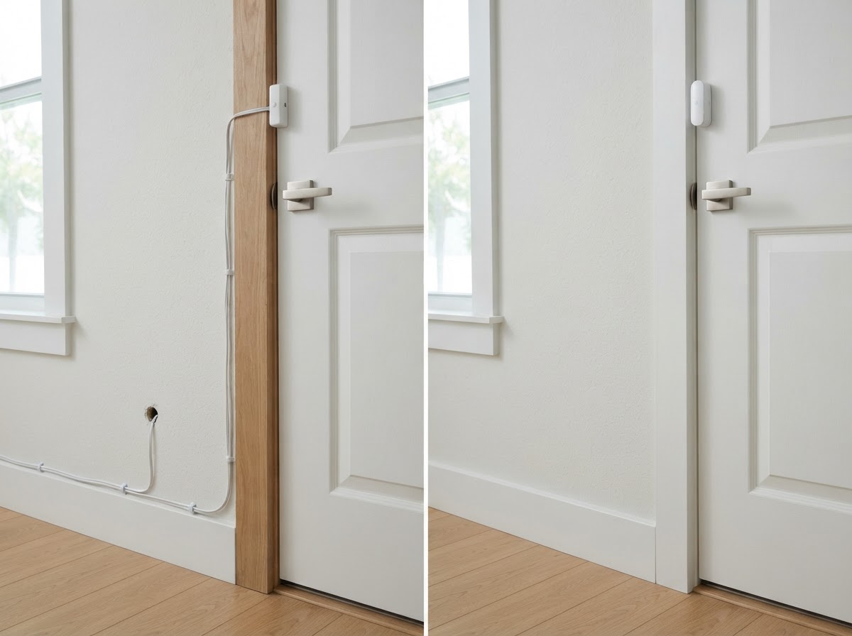Side-by-side comparison of wired alarm cabling and a wireless alarm sensor on the same Florida property