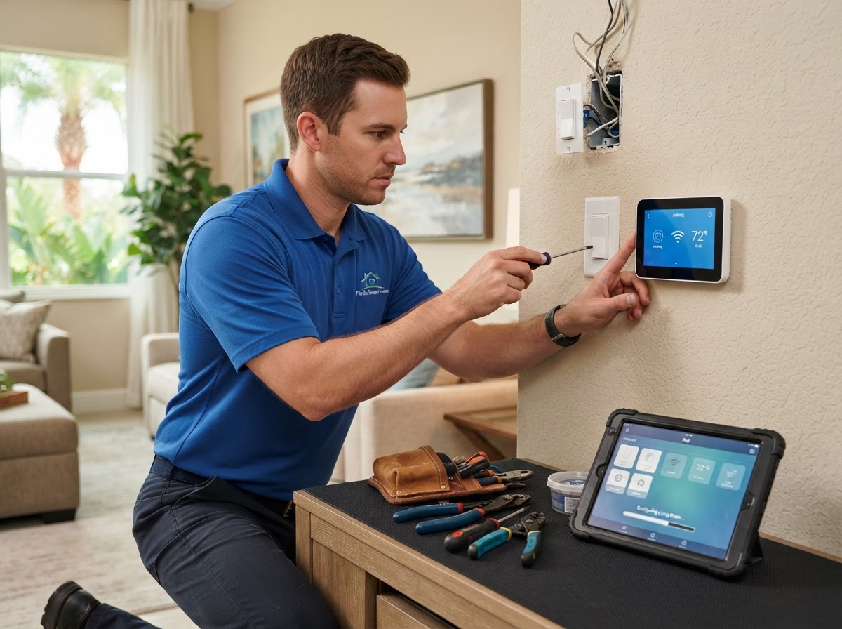Technician installing and configuring smart-home automation devices, a smart switch and thermostat, in a Florida residence