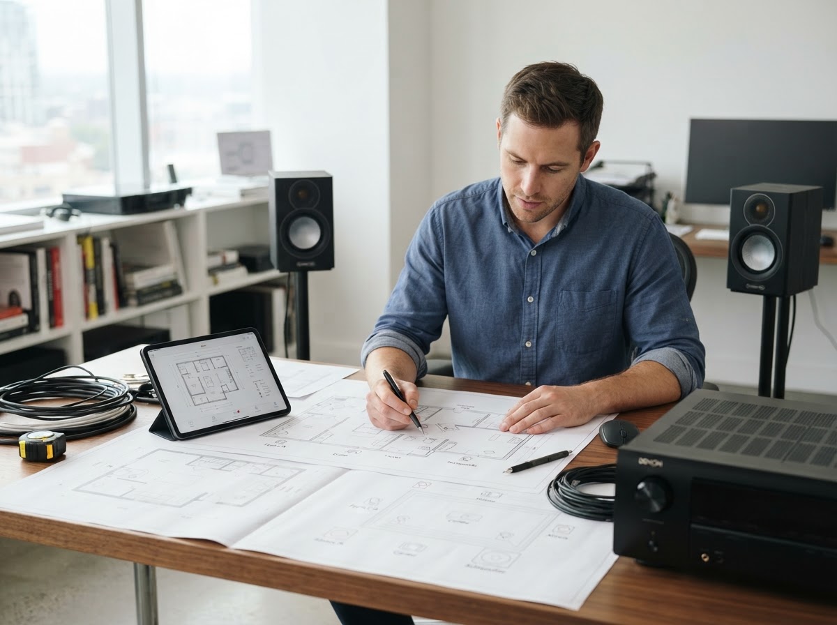 Specialist planning a home theater installation with room plans, speaker placement diagrams, surround speakers and AV equipment