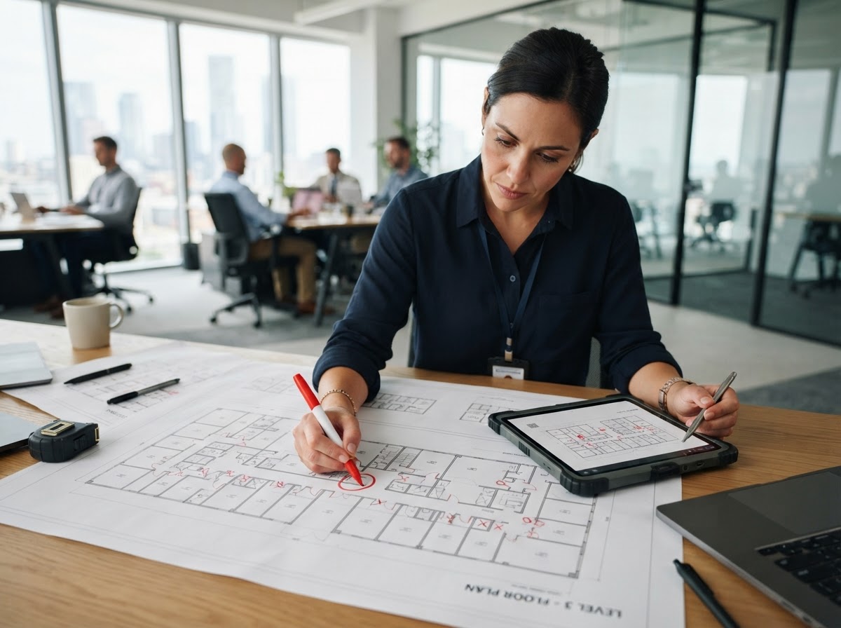 Security specialist reviewing building floor plans and marking multiple access control door points