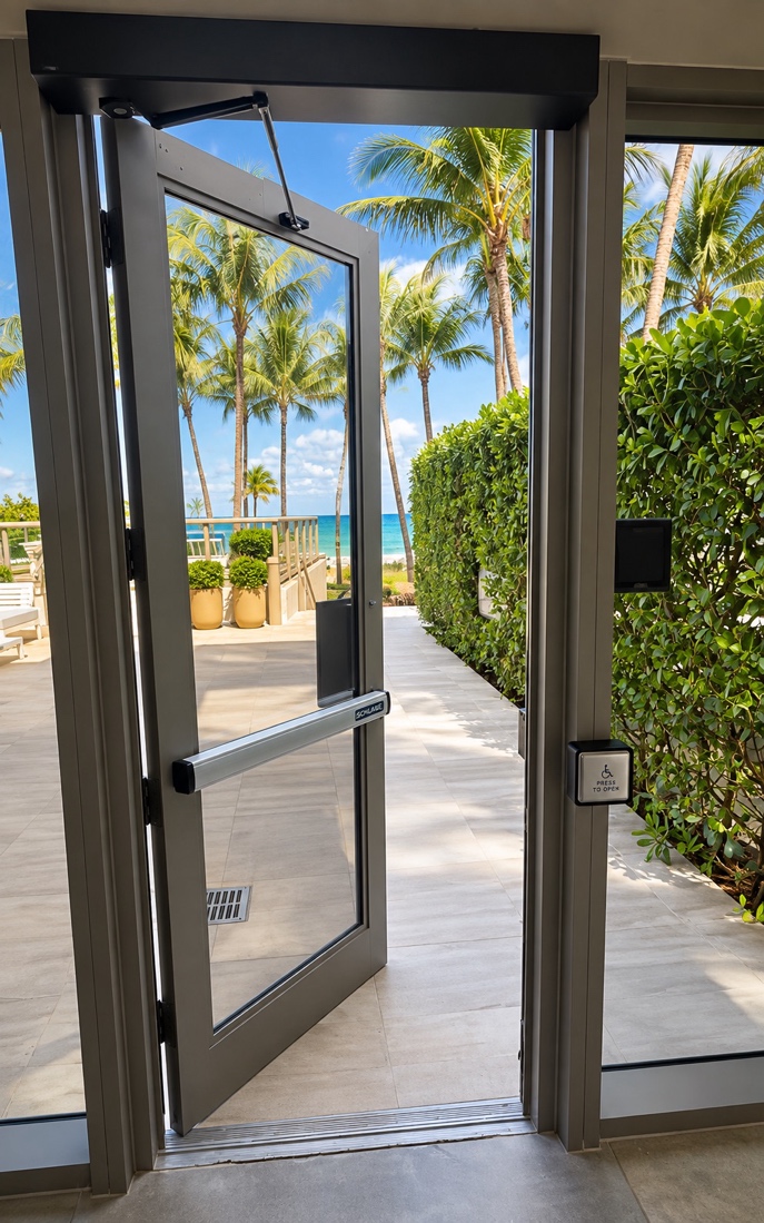 Automatic glass door with overhead operator