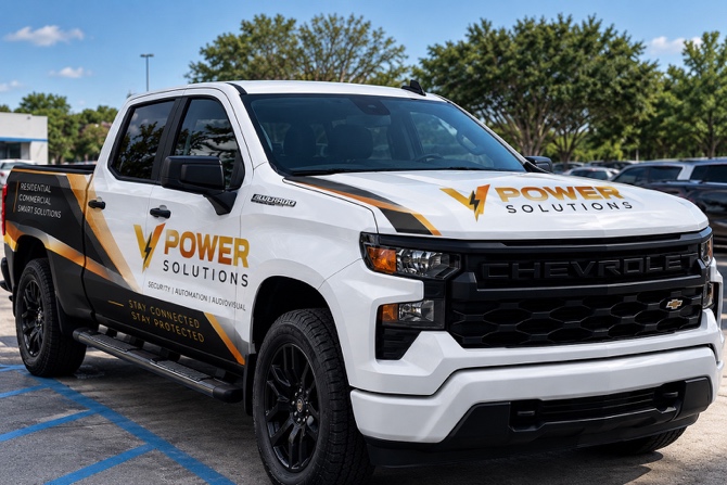 V Power Solutions service and support branded truck ready for on-site alarm maintenance and installations