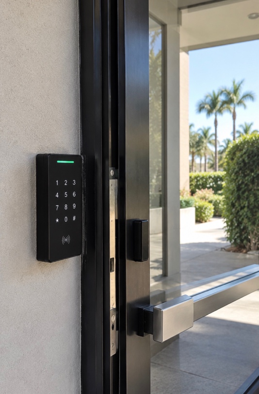 Access keypad and contactless reader beside a glass entrance