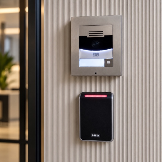 Brushed metal 2N intercom unit with integrated camera and illuminated HID RFID credential reader on modern textured wall