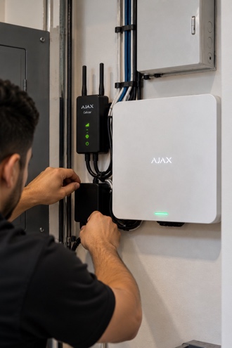 Technician wiring an alarm control panel