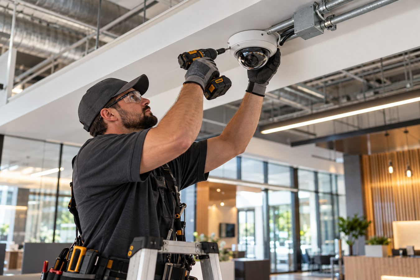 Professional technician installing a security camera on a ceiling in a Florida facility