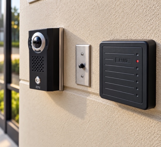 2N video intercom with wide-angle camera and HID contactless card reader mounted beside an entrance doorway