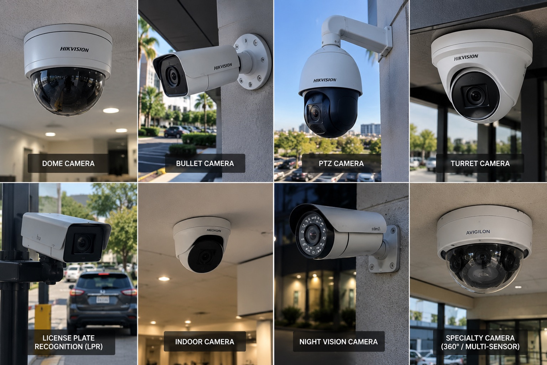 Collage of security camera types installed by V Power Solutions: Dome, Bullet, PTZ, Turret, License Plate Recognition (LPR), Indoor, Night Vision, and 360 Multi-Sensor cameras