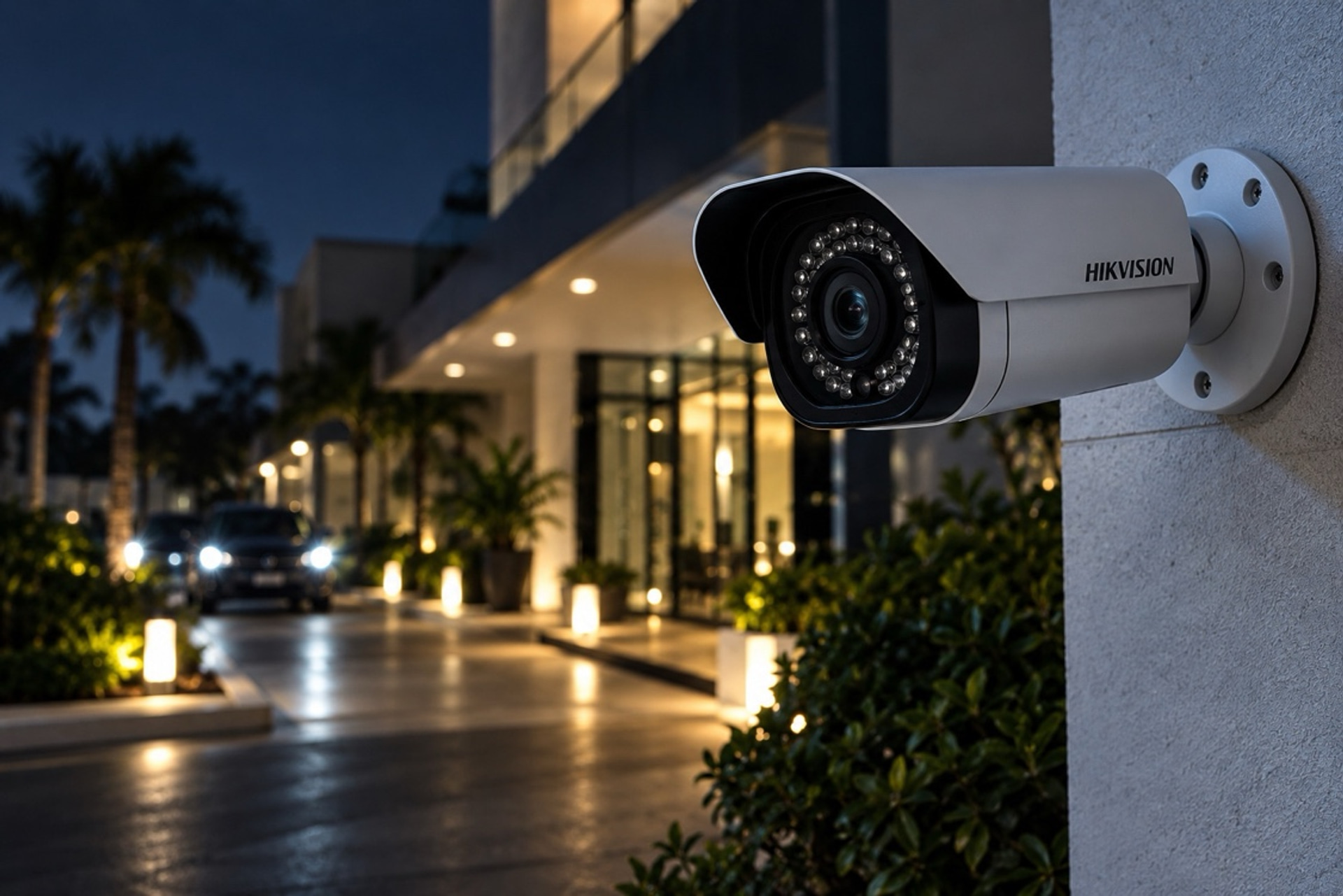 Professional outdoor security camera installed on modern commercial building exterior at night with illuminated background